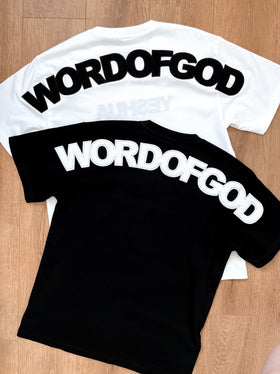 White and black WORDOFGOD adult tees laid flat, back view | WORDOFGOD Apparel