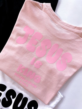 Pink kids Jesus Is King bubble tee | WORDOFGOD Apparel