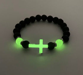 Black bead cross bracelet glowing green | WORDOFGOD Apparel