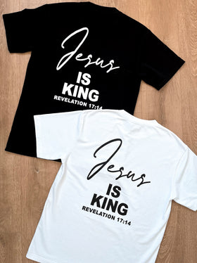 White Jesus Is King adult tee laid flat | WORDOFGOD Apparel