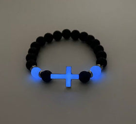 Black bead cross bracelet glowing blue | WORDOFGOD Apparel