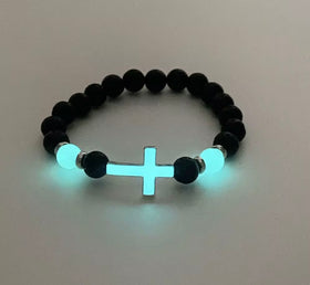 Black bead cross bracelet glowing aqua | WORDOFGOD Apparel
