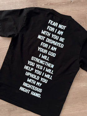 Black Isaiah 41:10 adult tee laid flat with Fear Not scripture back print | WORDOFGOD Apparel
