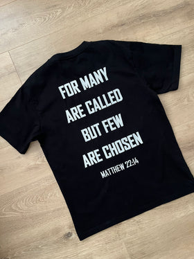 Black For Many Are Called Matthew 22:14 tee laid flat, back print | WORDOFGOD Apparel