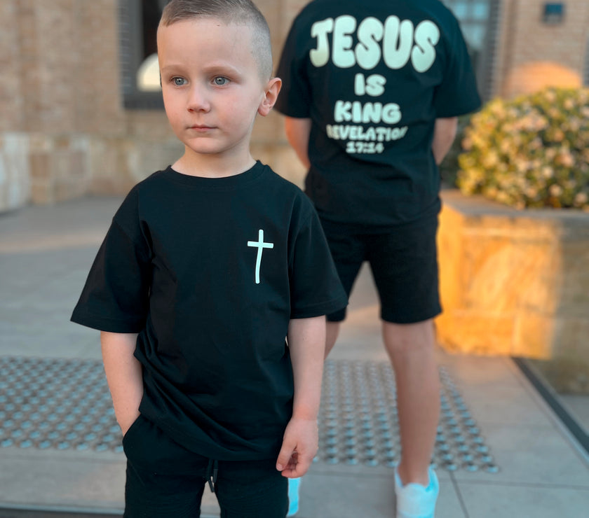 Glow-in-the-Dark JESUS IS KING Bubble Font Shirt