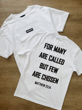 White For Many Are Called heavyweight tee laid flat, back print | WORDOFGOD Apparel