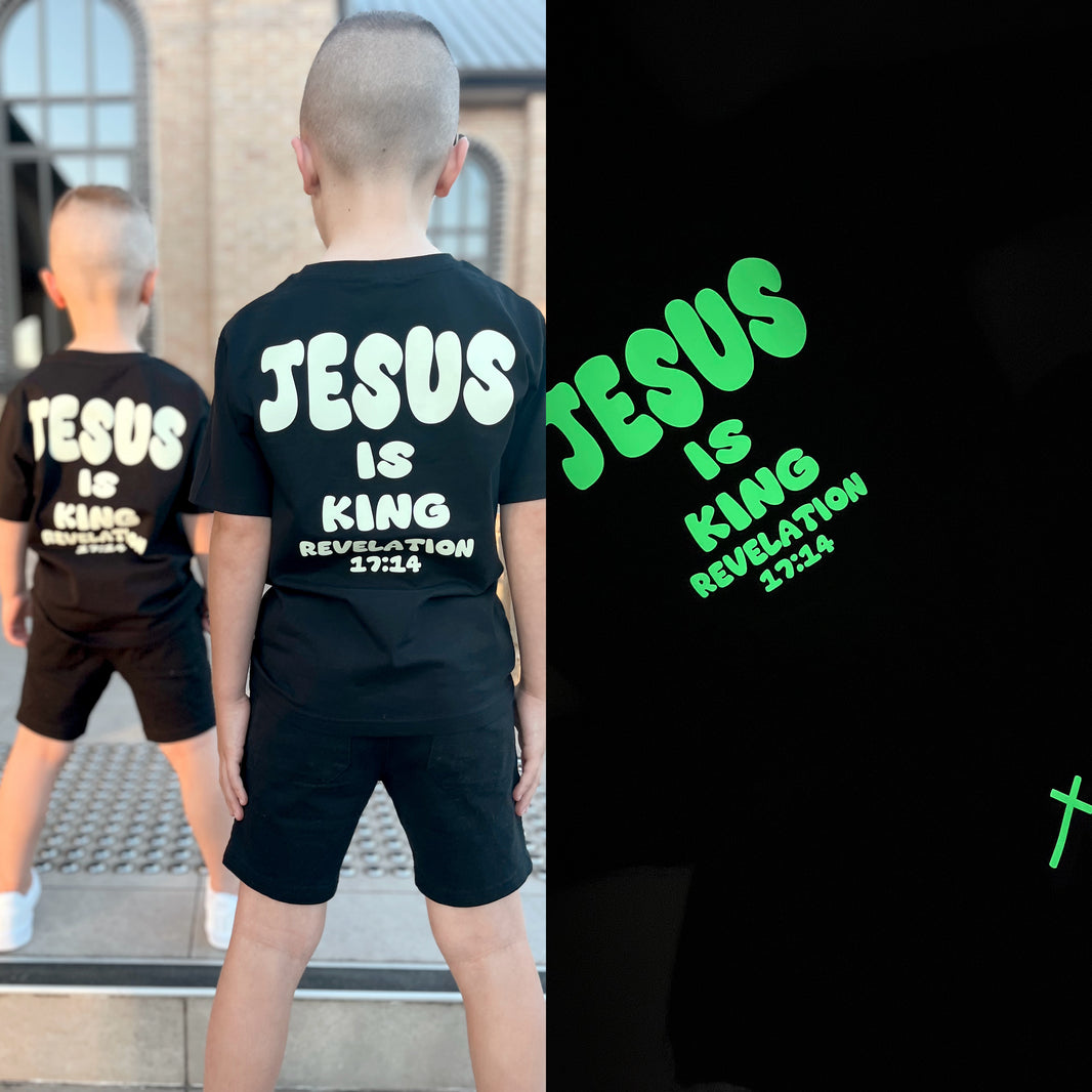 Glow-in-the-Dark JESUS IS KING Bubble Font Shirt