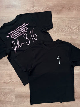 Front of the black John 3:16 adult tee with a small cross | WORDOFGOD Apparel