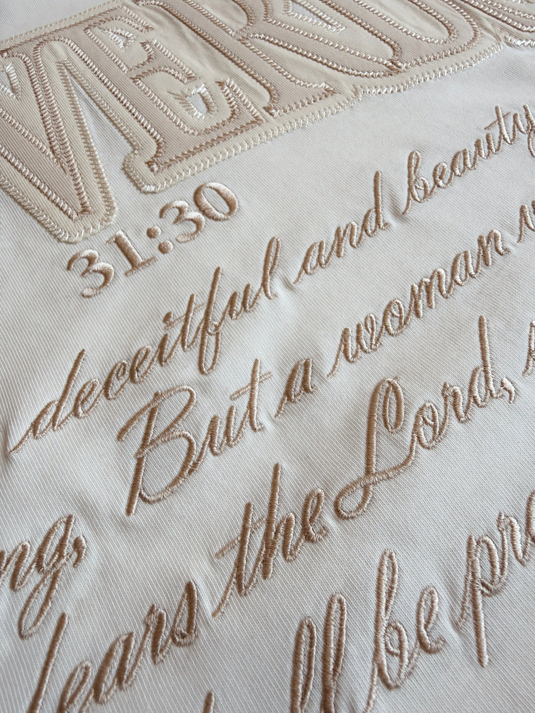 Proverbs 31:30 vanilla oversized Christian tee for women, embroidered heavyweight shirt | WORDOFGOD Apparel