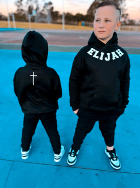 Kids wearing black custom name hoodies, ELIJAH name print | WORDOFGOD Apparel