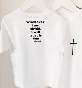 White Psalm 56:3 kids tee on a hanger with Whenever I Am Afraid print | WORDOFGOD Apparel