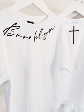 White custom name tee with name in script font | WORDOFGOD Apparel